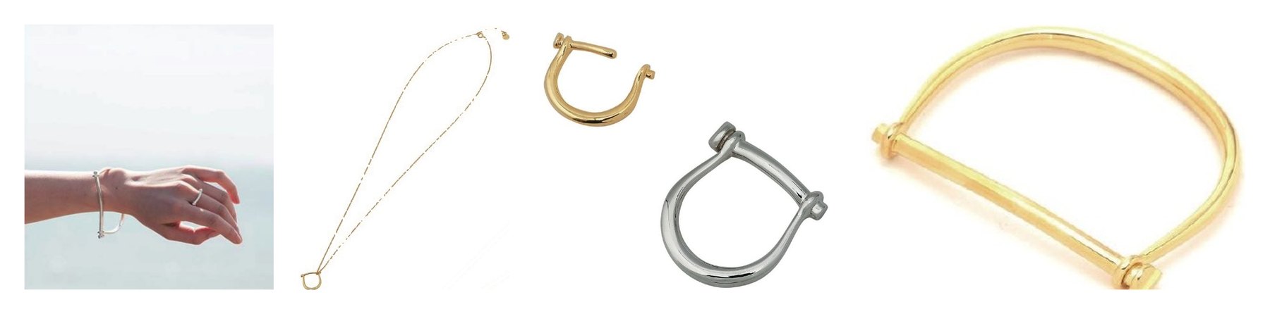 Shackle-shaped rings, bangle and fine gold necklace