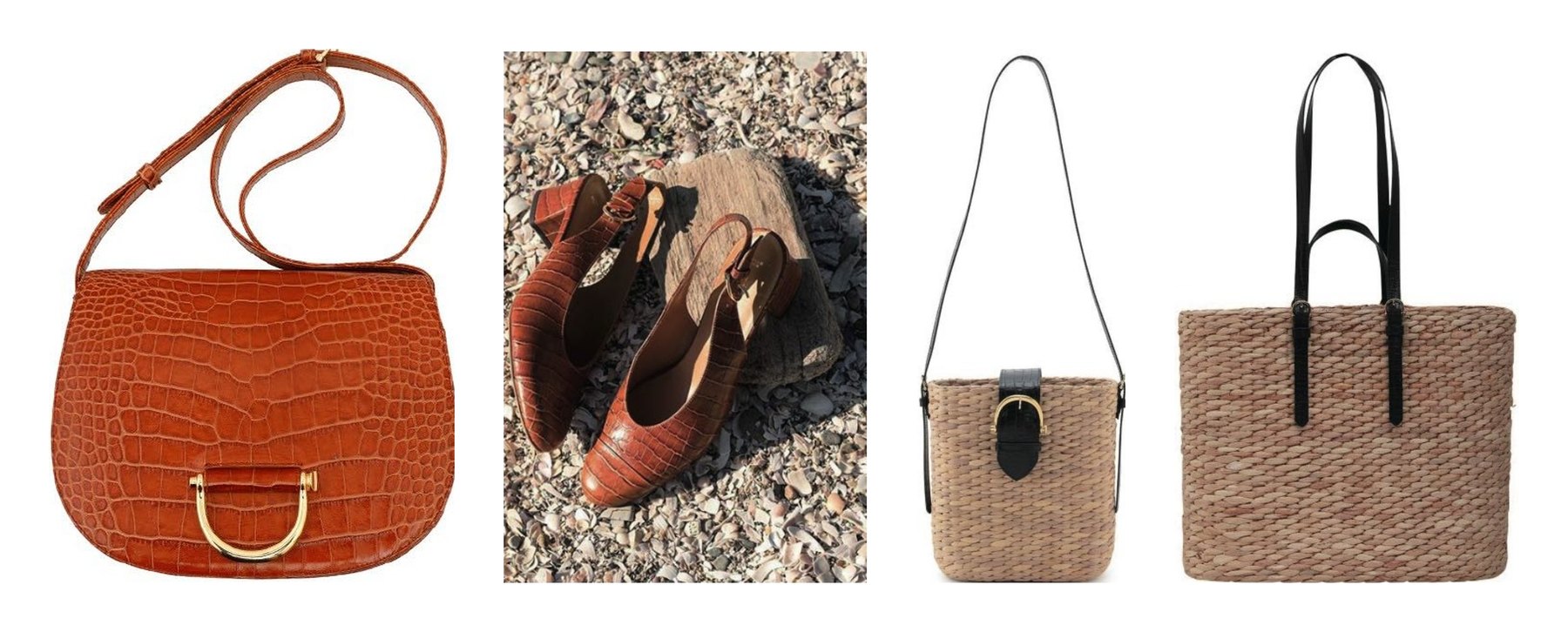 Croc-embossed leather bag, slingback shoes and woven basket bags