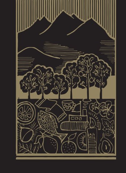 Illustrated gift box label with mountains, orchards and produce