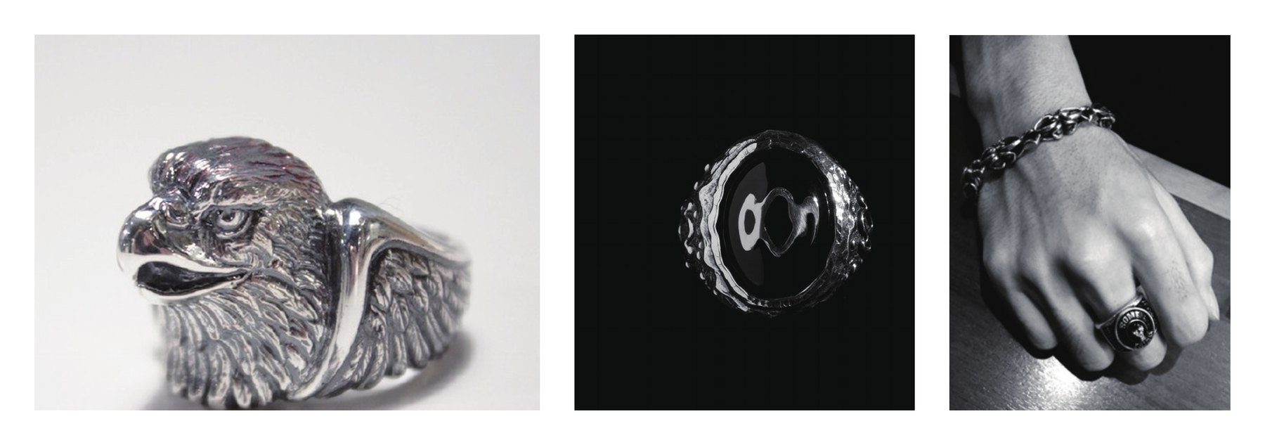 Silver eagle ring, signet ring and chain bracelet