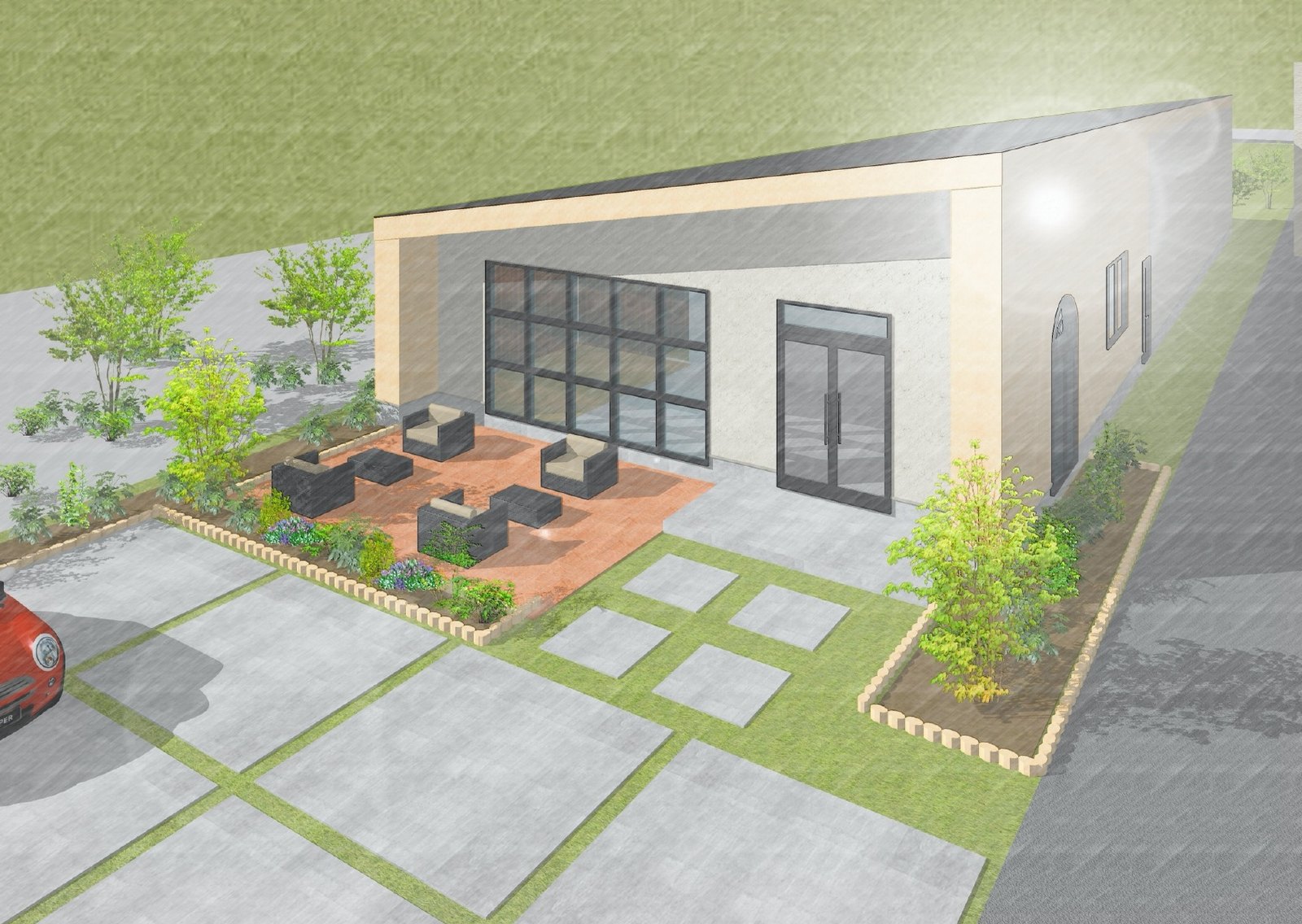 Exterior rendering of a concept shop with terrace
