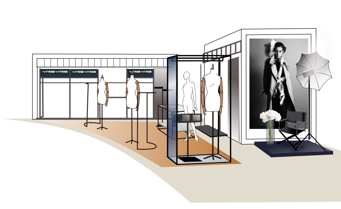 Store design illustration with mannequins, a glass fitting box and a photo backdrop