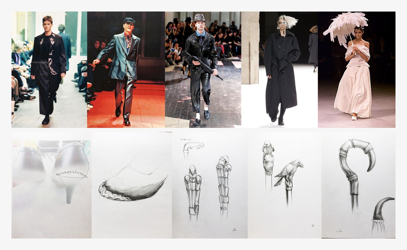 Runway looks and pencil sketches of shoes and cane handles